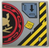 LEGO part Tile 6 x 6 con Tubi Inferiori con Motivo Stampe Elmo Samurai e Spade in Cerchio Rosso e Nero Metà Destra, Freccia e 'FINISH JET!' - Set 70596 10202pb007R