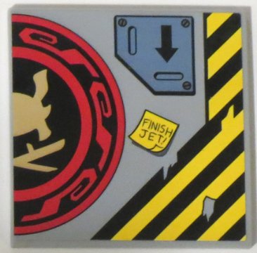 LEGO part Tile 6 x 6 con Tubi Inferiori con Motivo Stampe Elmo Samurai e Spade in Cerchio Rosso e Nero Metà Destra, Freccia e 'FINISH JET!' - Set 70596 (10202pb007R)