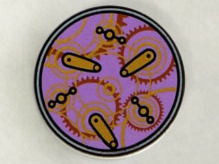 LEGO part Tile, Round 2 x 2 with Bottom Stud Holder with Time Gears Pattern (14769pb081)