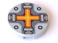 LEGO part Tile, Round 2 x 2 with Bottom Stud Holder with Orange and Yellow Cross Pattern 14769pb087