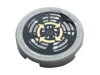 LEGO onderdeel Tile, Round 2 x 2 with Bottom Stud Holder with Four Gold Arrows and Ventilation Fan Pattern (Sticker) - Set 60141 14769pb377
