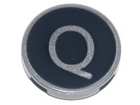 LEGO part Carreau, Rond 2 x 2 avec Support de Tenon Inférieur avec Lettre Majuscule Q Argent sur Motif de Fond Noir 14769pb438