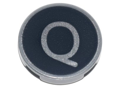 LEGO part Loseta, Redonda 2 x 2 con Soporte de Espiga en la Parte Inferior con Letra Mayúscula Q Plateada sobre Patrón de Fondo Negro (14769pb438)