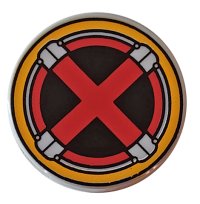 LEGO part Tile, Round 2 x 2 with Bottom Stud Holder with Red X-Men Logo in Bright Light Yellow Circle Pattern 14769pb516