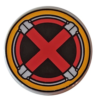 LEGO part Loseta, Redonda 2 x 2 con Soporte de Espiga en la Parte Inferior con Logo X-Men Rojo en Patrón de Círculo Amarillo Claro Brillante (14769pb516)