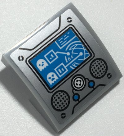 LEGO part Slope, Curved 2 x 2 x 2/3 with Dark Azure Screen and Buttons, White Ghosts and Directional Pad, Black Speakers on Silver Background Pattern (Sticker) - Set 70435 (15068pb356)