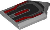 LEGO part Tile, Modified 2 x 3 Pentagonal with Black, Dark Bluish Gray and Red Armor Plates Pattern 22385pb302