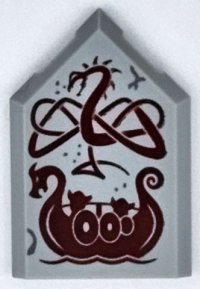 LEGO part Tile, Modified 2 x 3 Pentagonal with Dark Red Dragon and Viking Ship Pattern 22385pb313