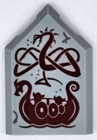 LEGO part Tile, Modified 2 x 3 Pentagonal with Dark Red Dragon and Viking Ship Pattern (22385pb313)