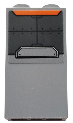 LEGO part Stein 1 x 2 x 3 mit Dunkelgrauem Rüstungsplatten und orangefarbenem Trapez Muster (Aufkleber) - Set 76102 (22886pb02)