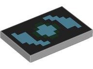 LEGO part Tile 2 x 3 with Pixelated Medium Azure and Dark Green Swirl on Black Background Pattern (Minecraft Shield) (26603pb374)