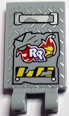 LEGO part Tuile, Modifiée 2 x 3 avec 2 Pinces Ouvertes O avec Poignée Argentée et Plaque de Roulement, Flammes Rouges, 'RR' Blanc avec Contour Violet Foncé et Motif Rayures Danger Noir et Jaune Endommagées (Autocollant) - Set 70436 (30350bpb185)