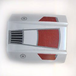LEGO part Slope, Curved 2 x 2 Lip with Dark Red Panels, Black Grille, SW Republic Insignia Pattern (30602pb030)