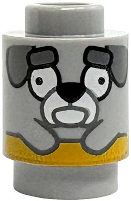 LEGO part Brick, Round 1 x 1 with Dark Bluish Gray Floppy Ears and Eyebrows, White Muzzle and Eyes, Black Nose and Yellow Stripe Pattern (Jeremy) (3062pb085)