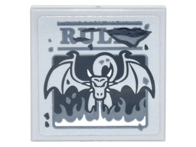 LEGO part Tile 2 x 2 with Dark Bluish Gray 'RUL' and Dragon Blowing Flames Pattern (Sticker) - Set 75810 (3068pb1288)