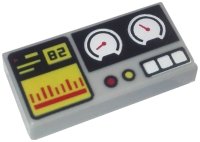 LEGO part Fliese 1 x 2 mit Schwarz '82', Gelb und Rot Balkendiagramm und Schaltflächen, Weiß Messgeräte Muster 3069pb0855