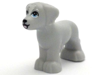 LEGO part Dog, Friends, Shaggy Fur, Ears, and Tail with Black Nose, Open Mouth and Eyelids, Bright Pink Tongue, White Eyebrows and Blaze and Bright Light Blue Eyes Pattern (3168pb05)