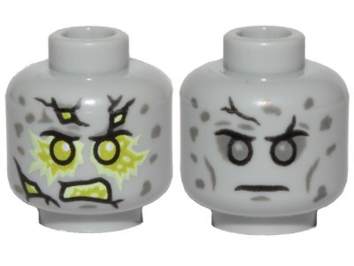 LEGO part Minifigure, Head Dual Sided Stone Cracks, Dark Bluish Gray Spots, Lime Energy, Angry / Neutral Pattern - Hollow Stud (3626pb2619)