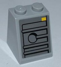 LEGO part Slope 65 2 x 2 x 2 with Bottom Tube with Ridges, Hole, and Yellow Rectangle Pattern (Sticker) - Set 7965 3678bpb055