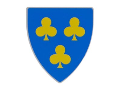 LEGO part Minifigure, Shield Triangular  with 3 Yellow Trefoils on Blue Background Pattern (3846pb061)