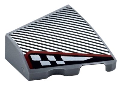 LEGO part Wedge 2 x 2 x 2/3 Right with Silver Diagonal Stripes and Black and White Checkered Stripe with Red Outline Pattern (5093pb001)