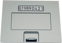 LEGO part Tile 6 x 8 with Dark Bluish Gray and Black Catch, Rectangle, and Dark Blue 'G19890421' on Silver Background Pattern 6320pb001