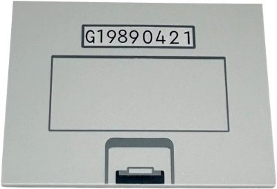 LEGO part Tile 6 x 8 with Dark Bluish Gray and Black Catch, Rectangle, and Dark Blue 'G19890421' on Silver Background Pattern (6320pb001)