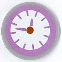 LEGO part Tile, Round 3 x 3 with Clock with Medium Lavender Hands and Border Pattern (Sticker) - Set 41682 67095pb069