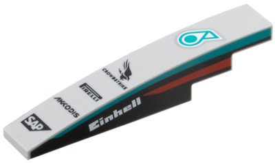 LEGO part Slope, Curved 6 x 1 with Petronus Logo, 'CROWDSTRIKE', 'PIRELLI', 'AKKODIS' and 'SAP' Logos, White 'Einhell' and Dark Turquoise and Red Stripes on Black Background on Both Sides Pattern (6801pb10)