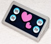 LEGO part Slope 30 1 x 2 x 2/3 with Dark Pink Hearts and White Buttons on Dark Blue Background Pattern (Sticker) - Set 41347 85984pb323