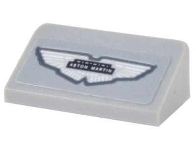 LEGO part Slope 30 1 x 2 x 2/3 with Silver and Black 'ASTON MARTIN' Wings Logo Badge Pattern (Sticker) - Set 10262 (85984pb385)