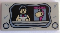 LEGO part Tile 2 x 4 with Stone Television Set, News Anchor and Missing Dino Pattern 87079pb0562