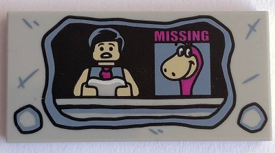 LEGO part Tile 2 x 4 with Stone Television Set, News Anchor and Missing Dino Pattern (87079pb0562)