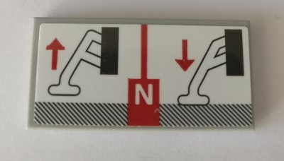 LEGO part Tile 2 x 4 with Capital Letter N, Red Up and Down Arrows, and Technic Crane Outriggers Movement on White Background Pattern (Sticker) - Set 42082 (87079pb0607)