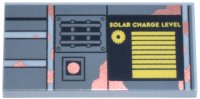 LEGO part Tile 2 x 4 with Dark Bluish Gray Panel, Worn Copper Splotches and Button, Black Speaker Cover and Yellow Sun, Power Gauge and 'SOLAR CHARGE LEVEL' Pattern 87079pb1559