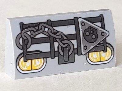 LEGO part Slope, Curved 2 x 4 x 2/3 with Bottom Tubes with Headlights, Roll Bars, Chain and Skull Pattern (88930pb094)