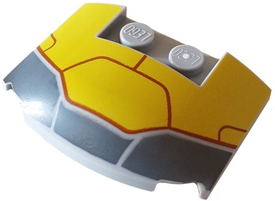 LEGO part Wedge 3 x 4 x 2/3 Triple Curved with Dark Bluish Gray and Yellow Armor Plates and Dark Red Lines Pattern (93604pb011)