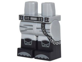 LEGO part Hips and Legs with Silver Belt and Chain, Knee Pads and Black Boots with Dark Bluish Gray Tips Pattern (970c00pb0535)