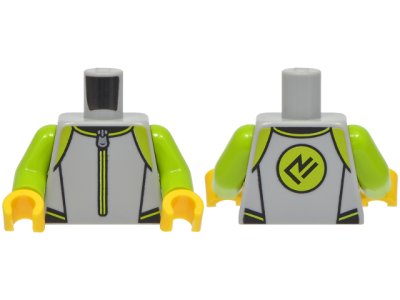 LEGO part Torso Wetsuit with Lime and Black Panels and Trim, Dark Silver Zipper, Symbol in Circle on Back Pattern / Lime Arms / Yellow Hands (973pb6047c01)