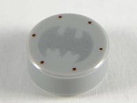 LEGO part Tile, Round 1 x 1 with Silver Bat Batman Logo and 6 Reddish Brown Rivets Pattern 98138pb111