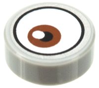 LEGO part Tile, Round 1 x 1 with White Eye with Off-Center Reddish Brown Iris Pattern 1 98138pb141