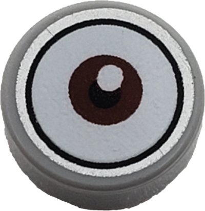 LEGO part Tile, Round 1 x 1 with White Eye with Centered Reddish Brown Iris Pattern (98138pb143)