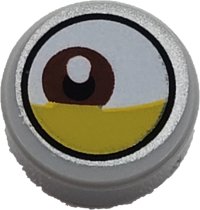 LEGO part Tile, Round 1 x 1 with White Eye with Off-Center Reddish Brown Iris and Partially Closed Yellow Eyelid Pattern 98138pb144
