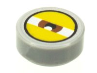 LEGO part Tile, Round 1 x 1 with White Eye with Centered Reddish Brown Iris and Partially Closed Yellow Eyelids Pattern 98138pb206