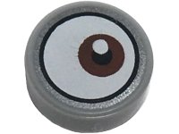 LEGO part Tile, Round 1 x 1 with White Eye with Off-Center Reddish Brown Iris Pattern 2 98138pb210