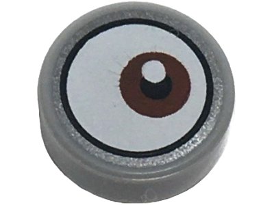 LEGO part Tile, Round 1 x 1 with White Eye with Off-Center Reddish Brown Iris Pattern 2 (98138pb210)