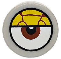 LEGO part Tile, Round 1 x 1 with White Eye with Centered Reddish Brown Iris and Partially Closed Yellow Bloodshot Eyelid Pattern 98138pb423