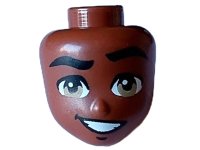 LEGO part Mini Doll, Head Friends Male with Wavy Black Eyebrows, Dark Tan Eyes, and Lopsided Open Mouth Smile with Teeth Pattern 102333