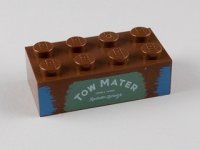 LEGO part Brique 2 x 4 with 'TOW MATER' on Sand Green Background Pattern 3001pb081