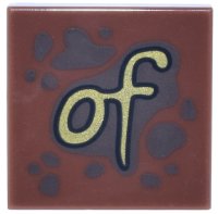 LEGO part Tile 2 x 2 with Dark Brown Spots and Splatters and Gold Script 'of' Pattern 3068pb2660